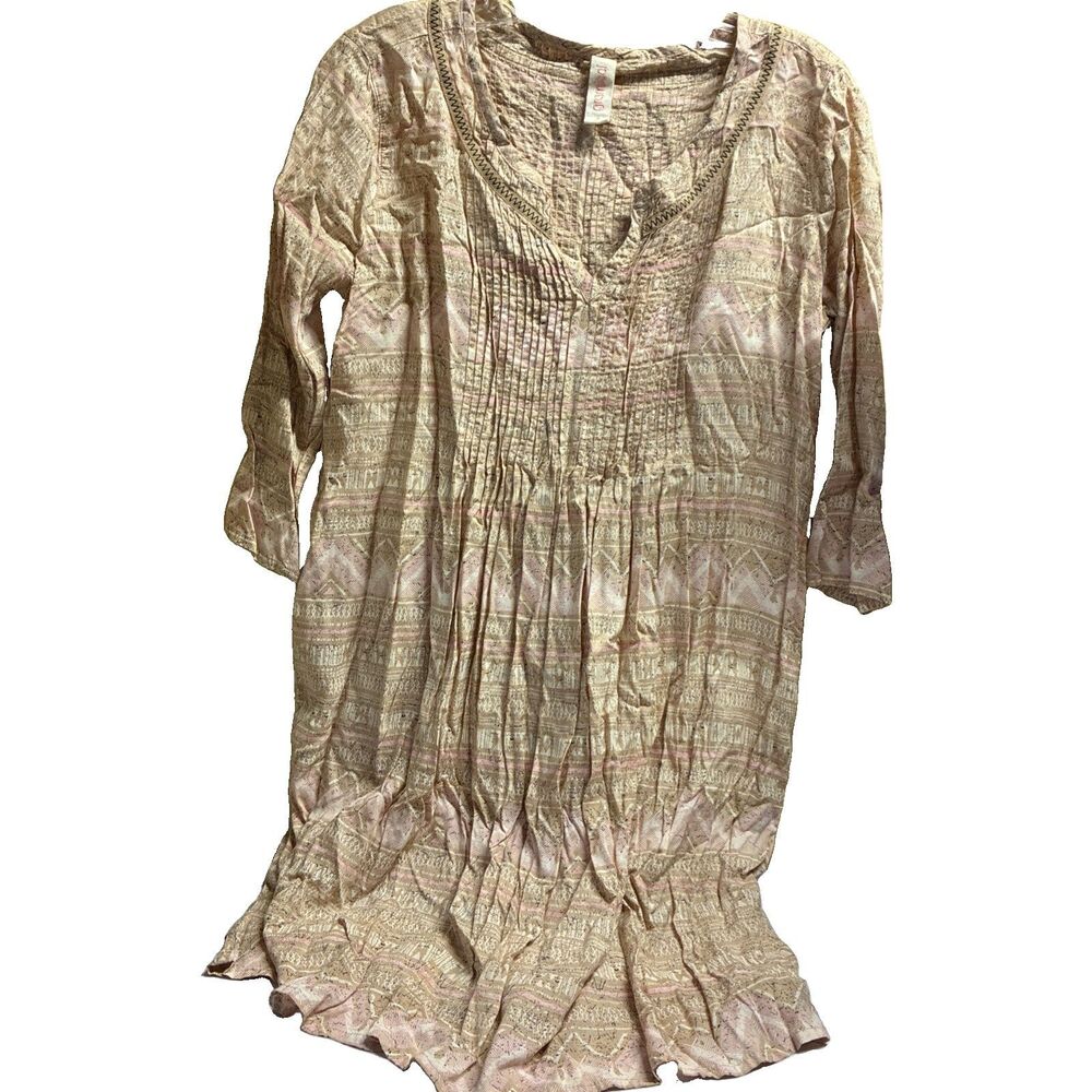 Gramicci Pink Cream Aztec Print Dress Flowy 3/4 Length Sleeves Spring Small